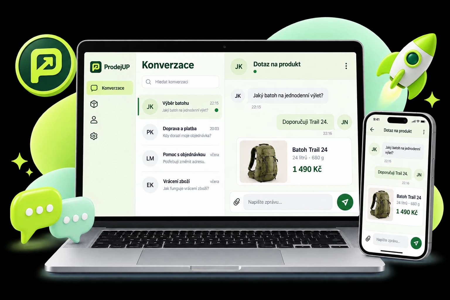 Grafická ukázka aplikace ProdejUP na notebooku a telefonu s přehledem zákaznických konverzací.